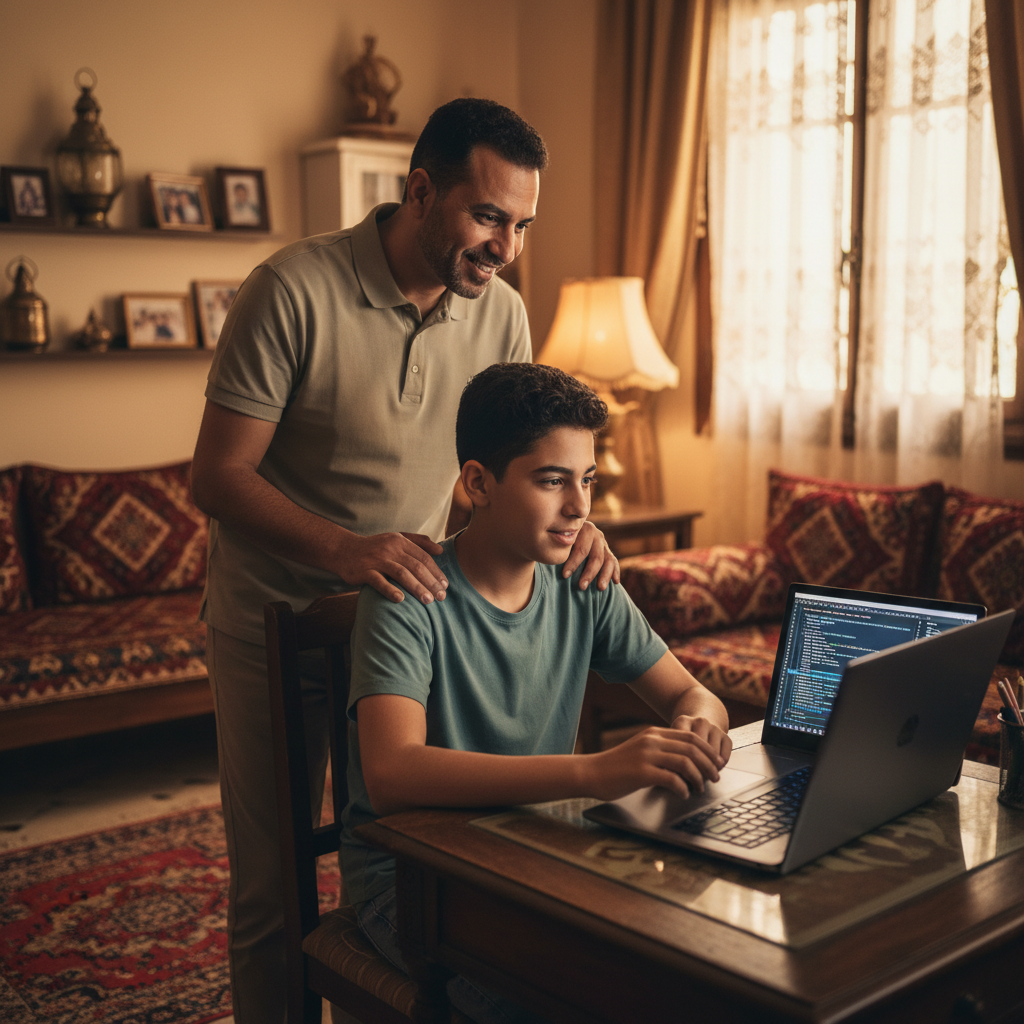 أب يدعم ابنه أثناء دراسة البرمجة في المنزل