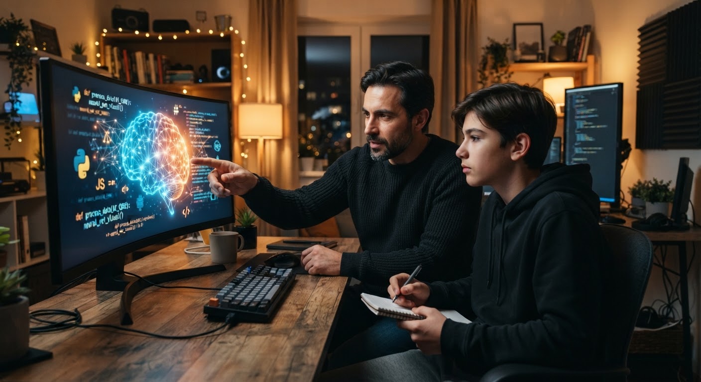 صورة تعبيرية لأب وابنه يتحدثان أمام شاشة كمبيوتر تظهر رسومات تقنية