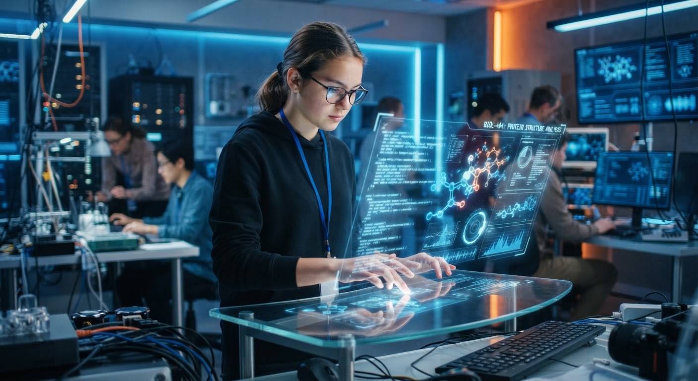 طالب يتفاعل مع مختبر برمجة رقمي مستقبلي