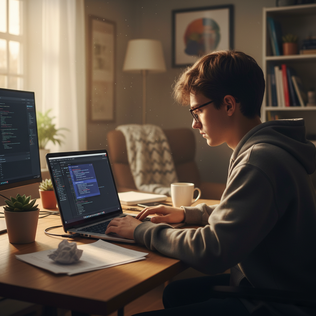 طالب يستخدم GitHub Copilot في بيئة برمجة هادئة