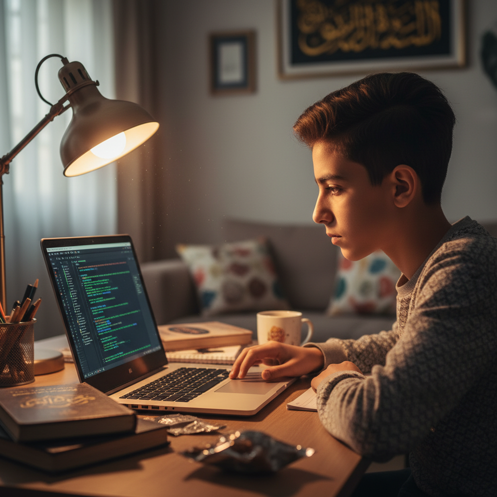 صورة توضح طالب يدرس بتركيز على جهاز الكمبيوتر
