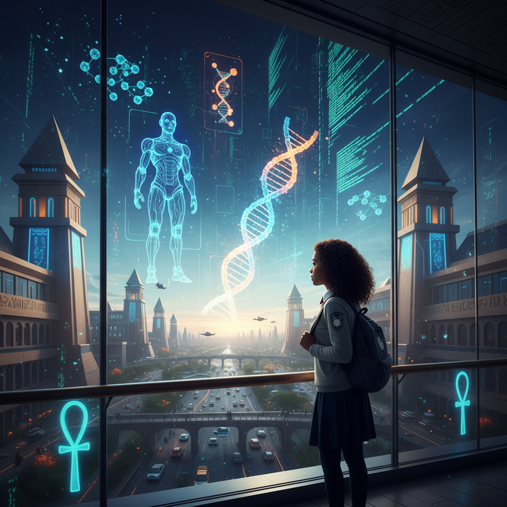 طالب ينظر إلى مستقبل المهن في عام 2030 مع رموز تكنولوجية