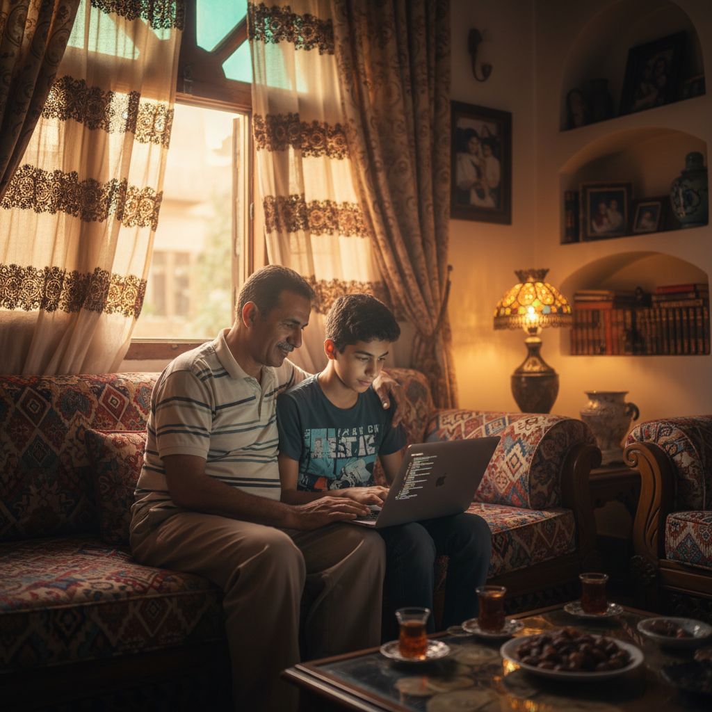 ولي أمر يدعم ابنه أثناء المذاكرة على الكمبيوتر في جو عائلي دافئ