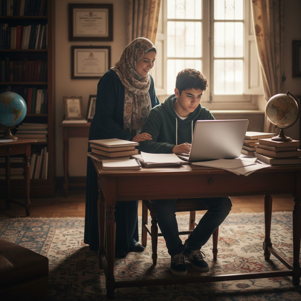 أم مصرية تراقب ابنها وهو يذاكر على اللاب توب باهتمام