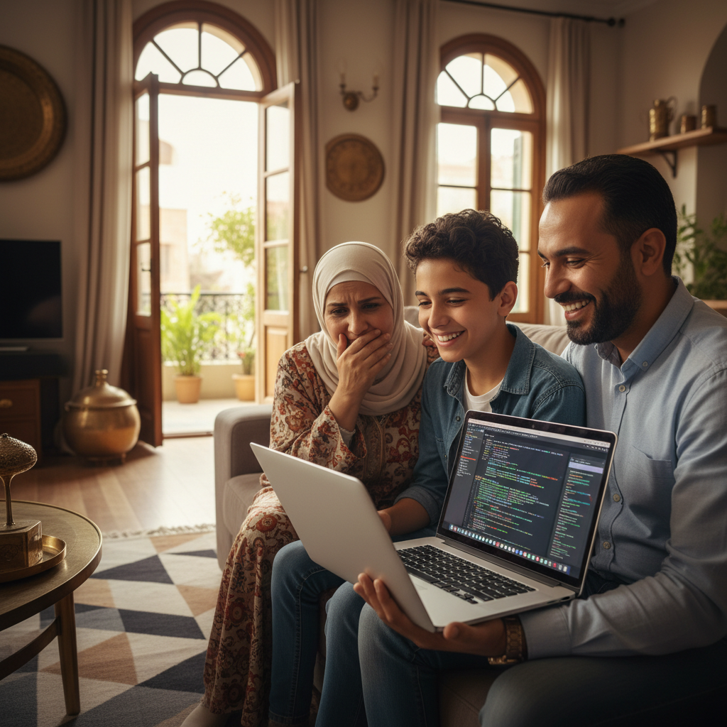 أولياء أمور يتابعون ابنهم بفخر وهو يتعلم البرمجة
