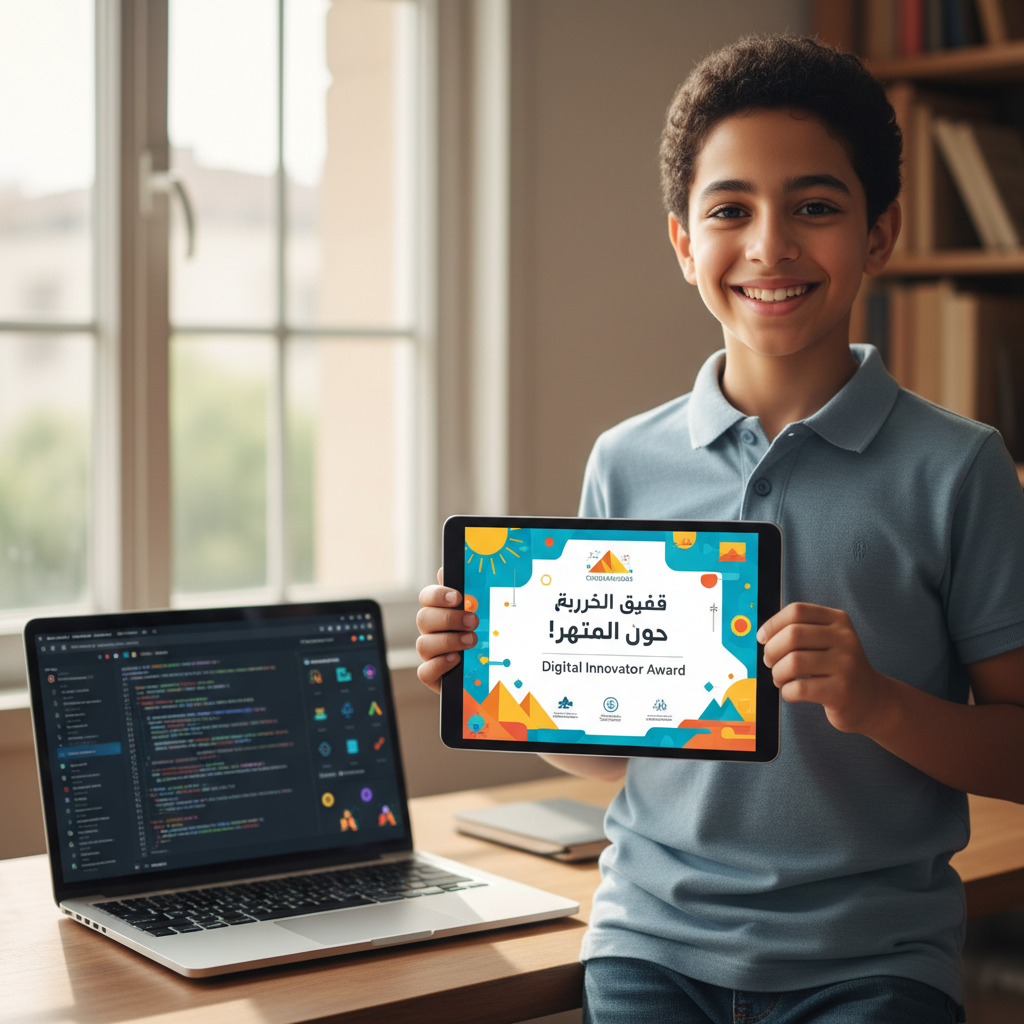 طالب ثانوي يبتسم وهو يمسك شهادة إنجاز رقمية أمام شاشة كمبيوتر