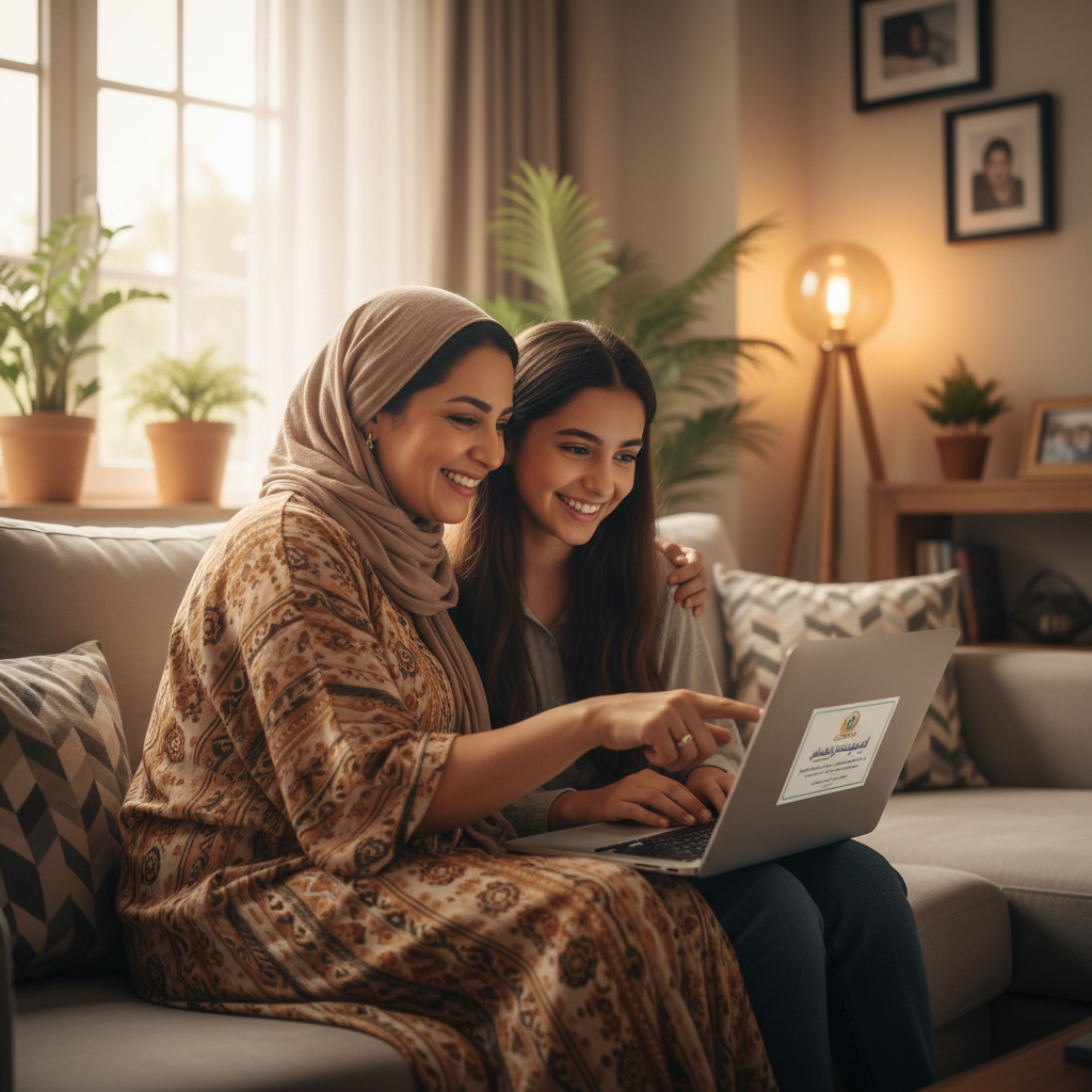 أم تدعم ابنتها أثناء دراسة البرمجة على اللاب توب