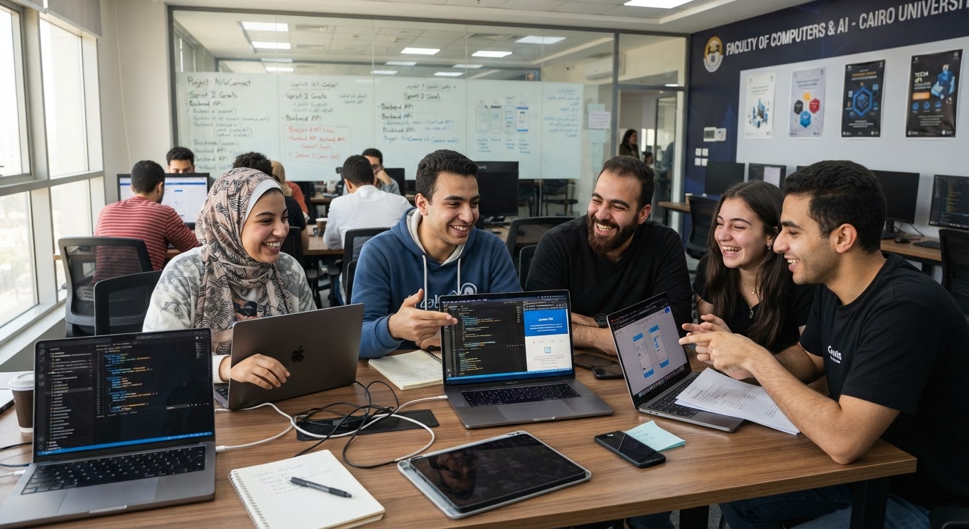 مجموعة طلاب يتناقشون في مشروع برمجيات ببيئة تعليمية محفزة